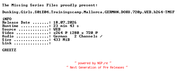 NFO for the release Dunking.Girls.S01E04.Trainingscamp.Mallorca.GERMAN.DOKU.720p.WEB.h264-TMSF by TMSF