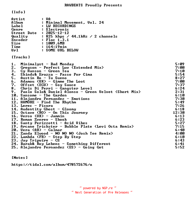NFO for the release VA-Minimal_Movement_Vol._24-16BIT-WEB-FLAC-2025-RAWBEATS by RAWBEATS