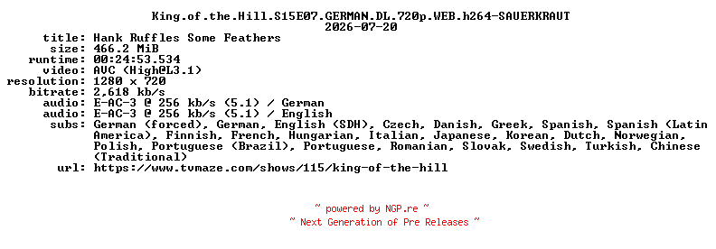 NFO for the release King.of.the.Hill.S15E07.GERMAN.DL.720p.WEB.h264-SAUERKRAUT by SAUERKRAUT