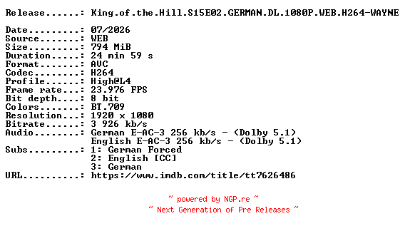 NFO for the release King.of.the.Hill.S15E02.GERMAN.DL.1080P.WEB.H264-WAYNE by WAYNE