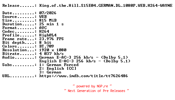NFO for the release King.of.the.Hill.S15E04.GERMAN.DL.1080P.WEB.H264-WAYNE by WAYNE