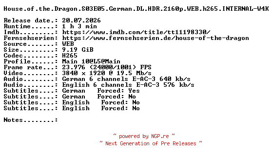NFO for the release House.of.the.Dragon.S03E05.German.DL.HDR.2160p.WEB.h265.INTERNAL-W4K by W4K