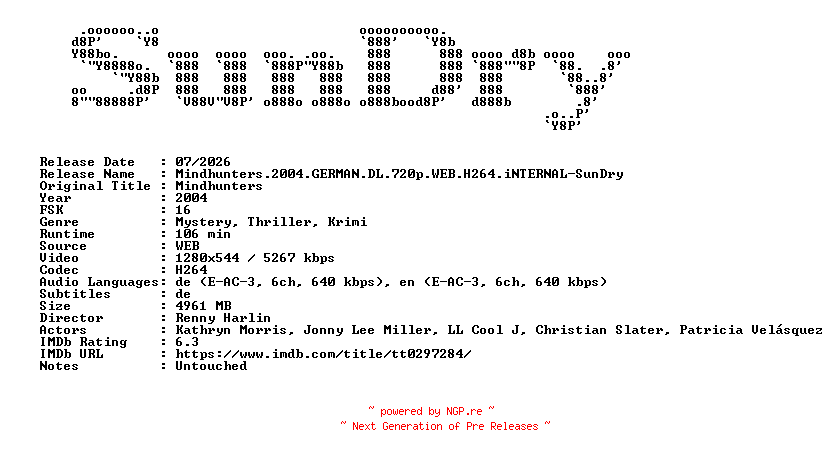 NFO for the release Mindhunters.2004.GERMAN.DL.720p.WEB.H264.iNTERNAL-SunDry by SunDry