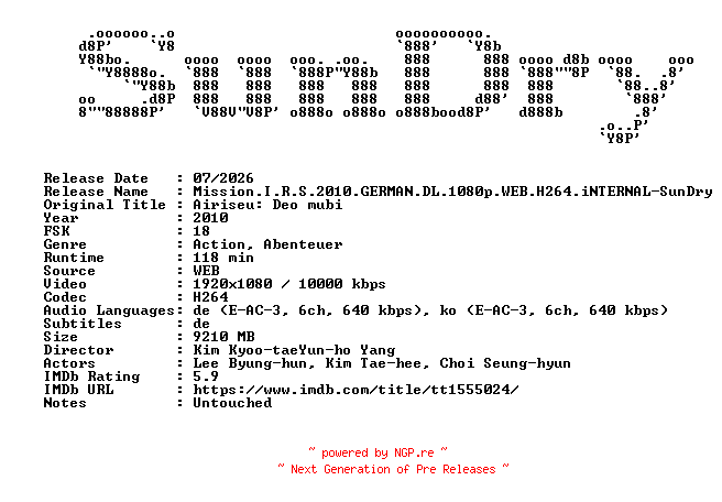 NFO for the release Mission.I.R.S.2010.GERMAN.DL.1080p.WEB.H264.iNTERNAL-SunDry by SunDry