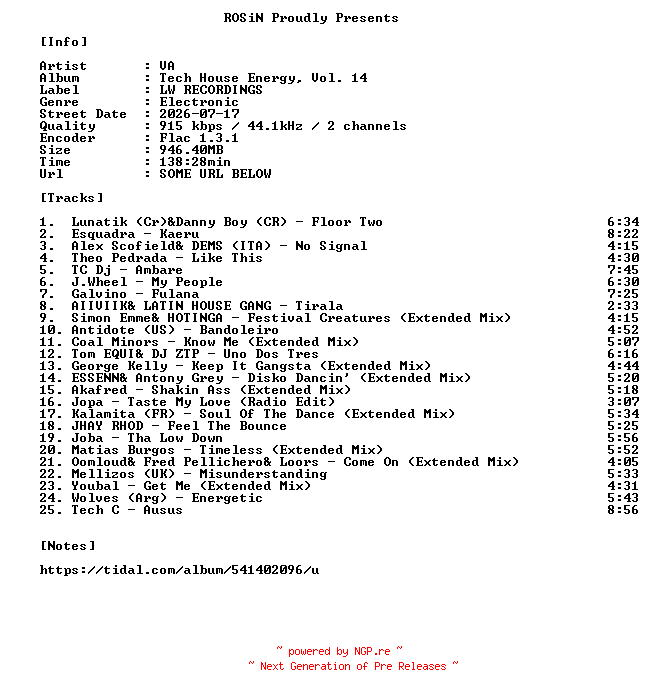 NFO for the release VA-Tech_House_Energy_Vol._14-16BIT-WEB-FLAC-2026-ROSiN by ROSiN