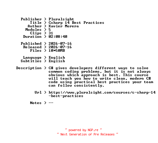 NFO for the release Pluralsight.Csharp.14.Best.Practices.2026.BOOKWARE-GETH by GETH