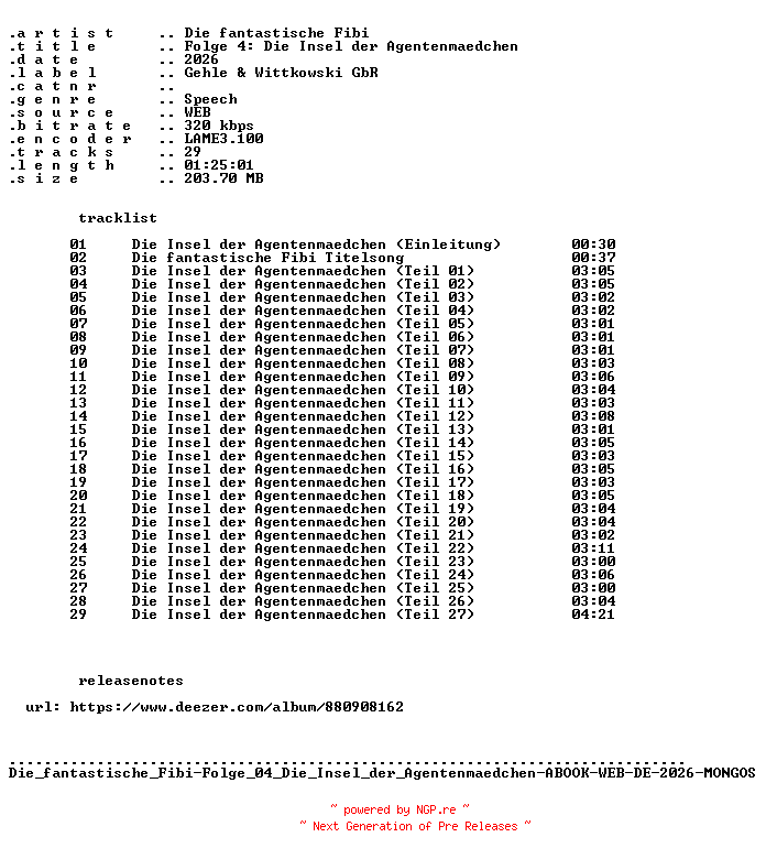 NFO for the release Die_fantastische_Fibi-Folge_04_Die_Insel_der_Agentenmaedchen-ABOOK-WEB-DE-2026-MONGOS by MONGOS