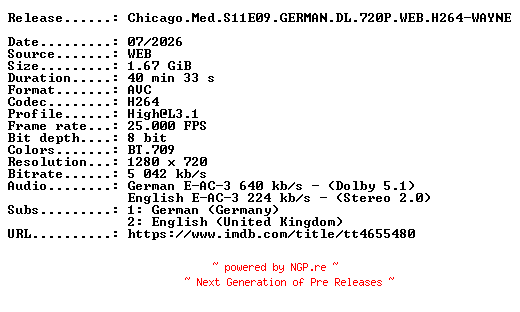 NFO for the release Chicago.Med.S11E09.GERMAN.DL.720P.WEB.H264-WAYNE by WAYNE