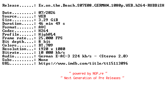 NFO for the release Ex.on.the.Beach.S07E08.GERMAN.1080p.WEB.h264-RUBBiSH by RUBBiSH