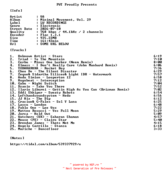 NFO for the release VA-Minimal_Movement_Vol._29-16BIT-WEB-FLAC-2026-PWT by PWT