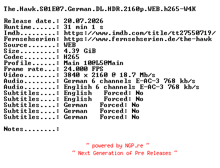 NFO for the release The.Hawk.S01E07.German.DL.HDR.2160p.WEB.h265-W4K by W4K