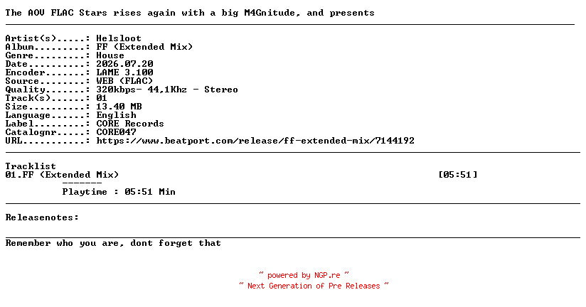 NFO for the release Helsloot-FF_(Extended_Mix)-(CORE047)-SINGLE-WEB-2026-AOV by AOV