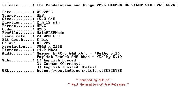 NFO for the release The.Mandalorian.and.Grogu.2026.GERMAN.DL.2160P.WEB.H265-WAYNE by WAYNE