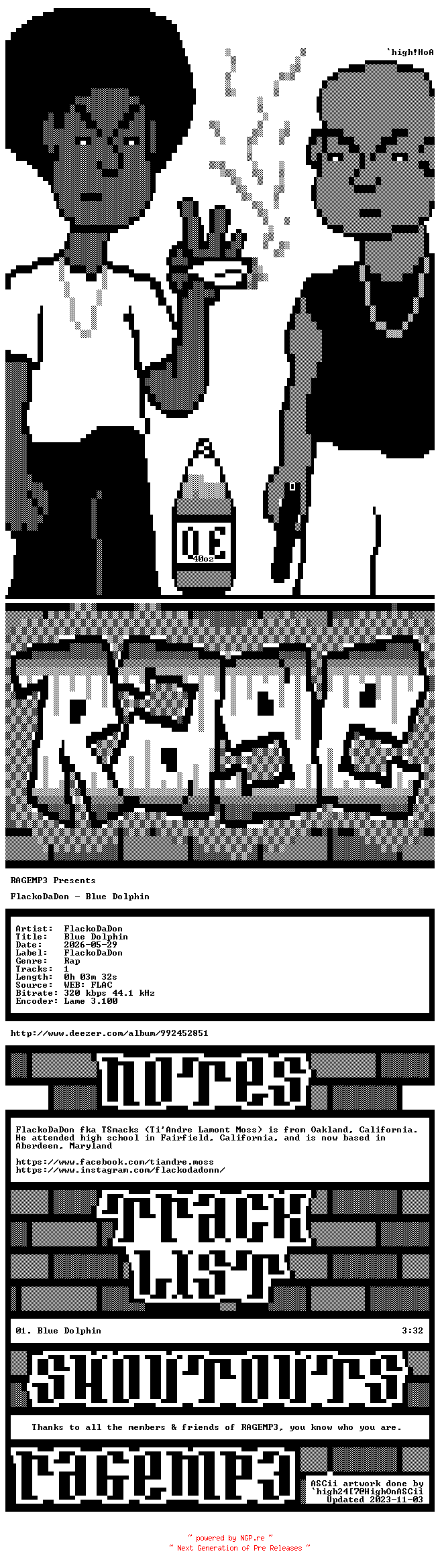 NFO for the release FlackoDaDon-Blue_Dolphin-SINGLE-WEB-2026-RAGEMP3 by RAGEMP3