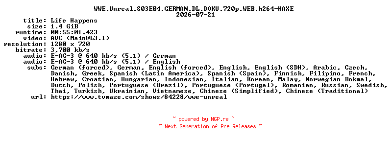 NFO for the release WWE.Unreal.S03E04.GERMAN.DL.DOKU.720p.WEB.h264-HAXE by HAXE