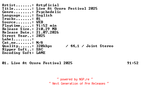 NFO for the release Artyficial-Live_At_Ozora_Festival_2025-WEB-2025-XTC_iNT by XTC_iNT
