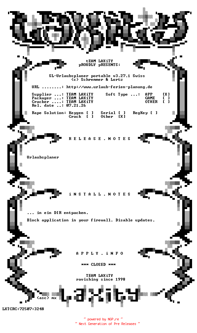 NFO for the release SL-Urlaubsplaner.portable.v3.27.1.Swiss-LAXiTY by LAXiTY