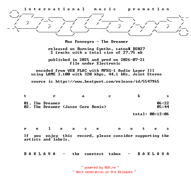 NFO for the release Mao_Fonnegra-The_Dreamer-(BS027)-WEB-2025-BAKLAVA by BAKLAVA