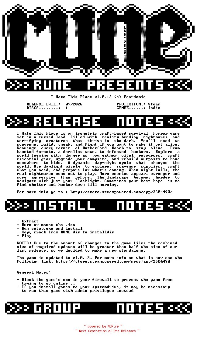 NFO for the release I.Hate.This.Place.v1.0.13-RUNE by RUNE