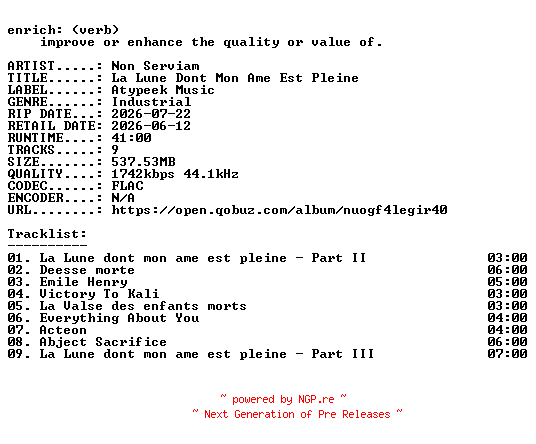 NFO for the release Non_Serviam-La_Lune_Dont_Mon_Ame_Est_Pleine-FR-24BIT-WEB-FLAC-2026-ENRiCH by ENRiCH