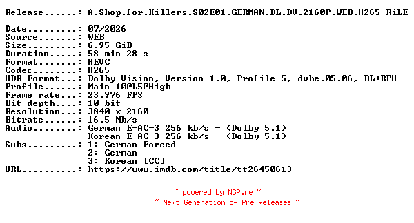 NFO for the release A.Shop.for.Killers.S02E01.GERMAN.DL.DV.2160P.WEB.H265-RiLE by RiLE