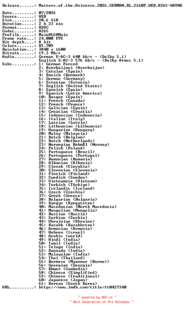 NFO for the release Masters.of.the.Universe.2026.GERMAN.DL.2160P.WEB.H265-WAYNE by WAYNE