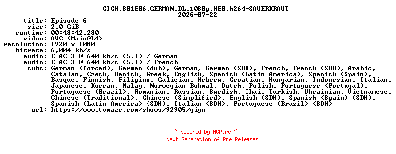 NFO for the release GIGN.S01E06.GERMAN.DL.1080p.WEB.h264-SAUERKRAUT by SAUERKRAUT