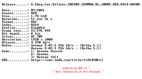 NFO for the release A.Shop.for.Killers.S02E02.GERMAN.DL.1080P.WEB.H264-WAYNE by WAYNE