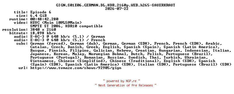 NFO for the release GIGN.S01E06.GERMAN.DL.HDR.2160p.WEB.h265-SAUERKRAUT by SAUERKRAUT