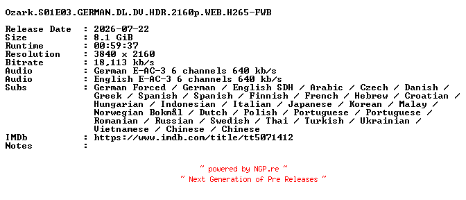 NFO for the release Ozark.S01E03.GERMAN.DL.DV.HDR.2160p.WEB.H265-FWB by FWB