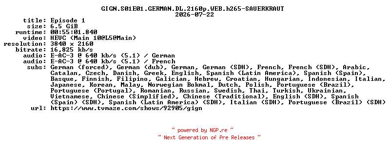 NFO for the release GIGN.S01E01.GERMAN.DL.2160p.WEB.h265-SAUERKRAUT by SAUERKRAUT