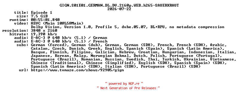 NFO for the release GIGN.S01E01.GERMAN.DL.DV.2160p.WEB.h265-SAUERKRAUT by SAUERKRAUT