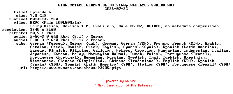 NFO for the release GIGN.S01E06.GERMAN.DL.DV.2160p.WEB.h265-SAUERKRAUT by SAUERKRAUT