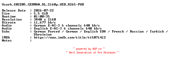 NFO for the release Ozark.S02E05.GERMAN.DL.2160p.WEB.H265-FWB by FWB