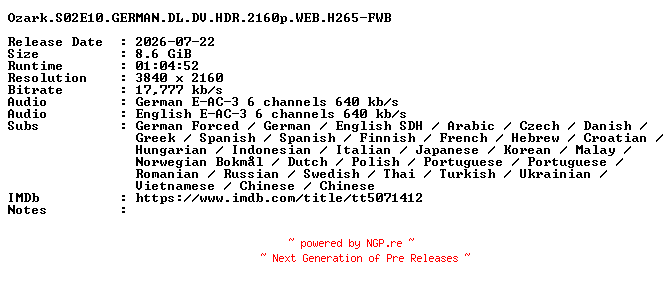 NFO for the release Ozark.S02E10.GERMAN.DL.DV.HDR.2160p.WEB.H265-FWB by FWB