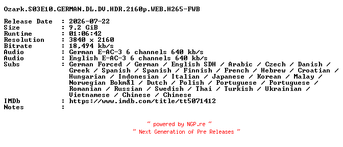 NFO for the release Ozark.S03E10.GERMAN.DL.DV.HDR.2160p.WEB.H265-FWB by FWB
