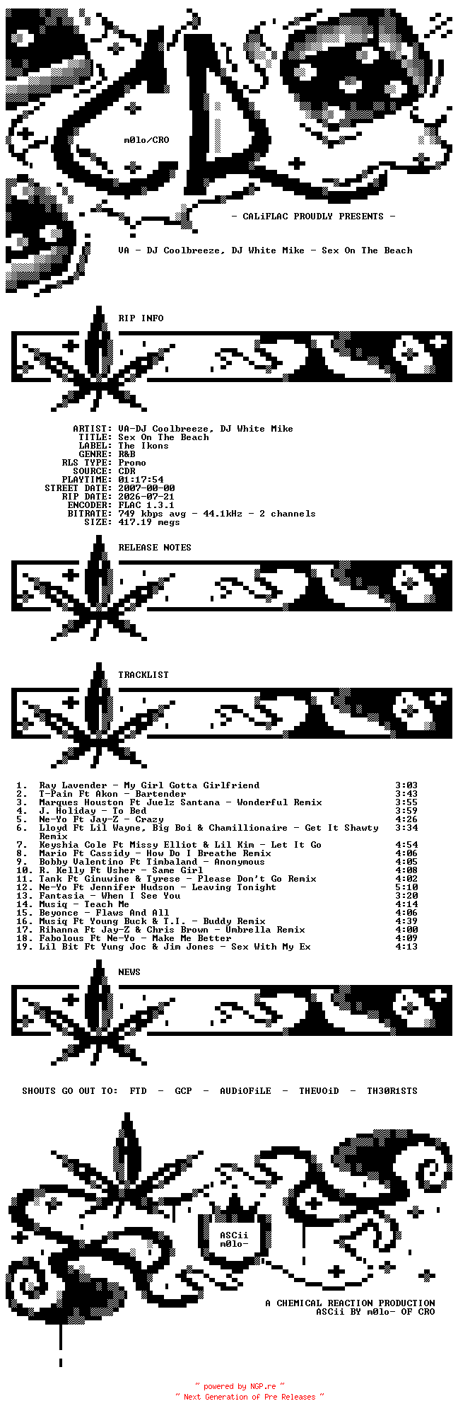NFO for the release VA-DJ_Coolbreeze_DJ_White_Mike-Sex_On_The_Beach-Promo-CDR-FLAC-2007-CALiFLAC by CALiFLAC