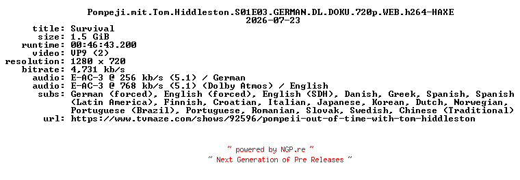 NFO for the release Pompeji.mit.Tom.Hiddleston.S01E03.GERMAN.DL.DOKU.720p.WEB.h264-HAXE by HAXE