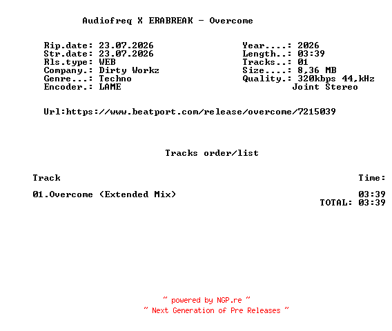 NFO for the release Audiofreq_X_ERABREAK_-_Overcome-(DWX2182)-SINGLE-WEB-2026-FMC by FMC