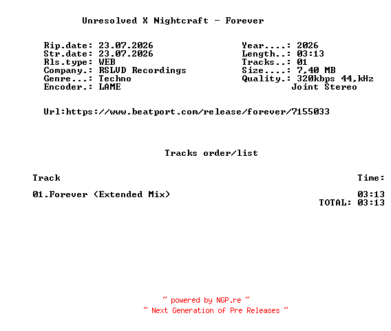 NFO for the release Unresolved_X_Nightcraft_-_Forever-(RSR137)-SINGLE-WEB-2026-FMC by FMC