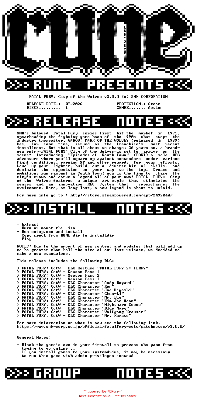 NFO for the release FATAL.FURY.City.of.the.Wolves.v3.0.0-RUNE by RUNE