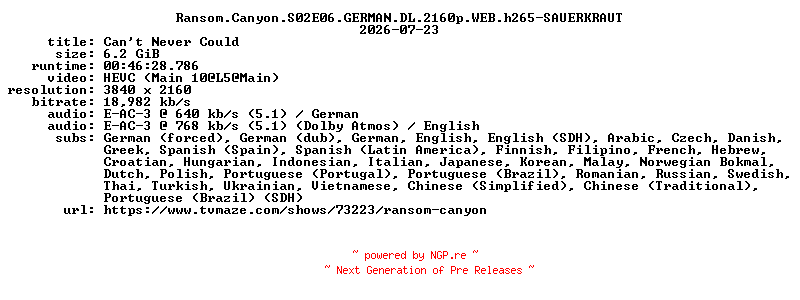 NFO for the release Ransom.Canyon.S02E06.GERMAN.DL.2160p.WEB.h265-SAUERKRAUT by SAUERKRAUT