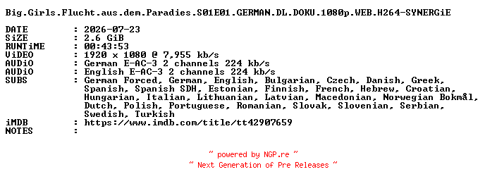NFO for the release Big.Girls.Flucht.aus.dem.Paradies.S01E01.GERMAN.DL.DOKU.1080p.WEB.H264-SYNERGiE by SYNERGiE