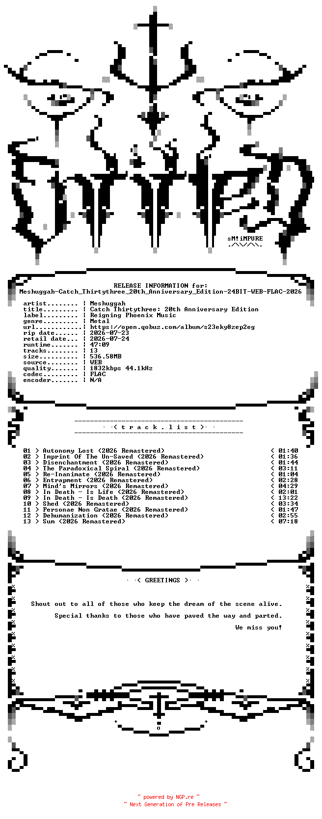 NFO for the release Meshuggah-Catch_Thirtythree_20th_Anniversary_Edition-24BIT-WEB-FLAC-2026-ENTiTLED by ENTiTLED
