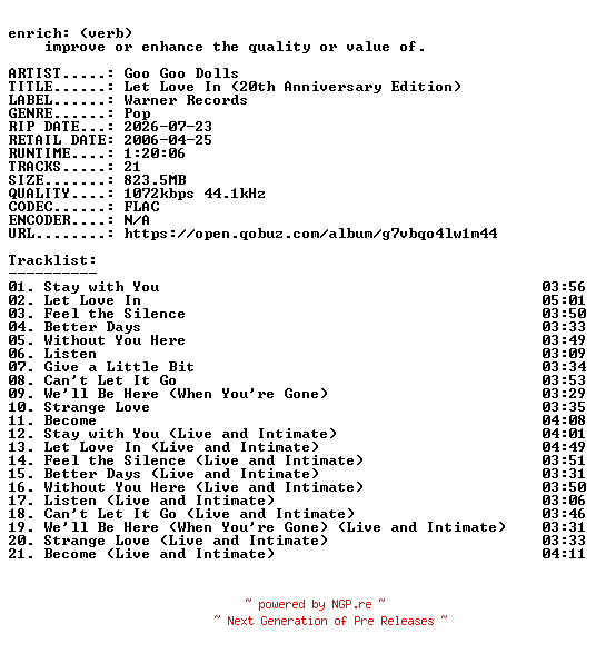NFO for the release Goo_Goo_Dolls-Let_Love_In_(20th_Anniversary_Edition)-24BIT-WEB-FLAC-2026-ENRiCH by ENRiCH