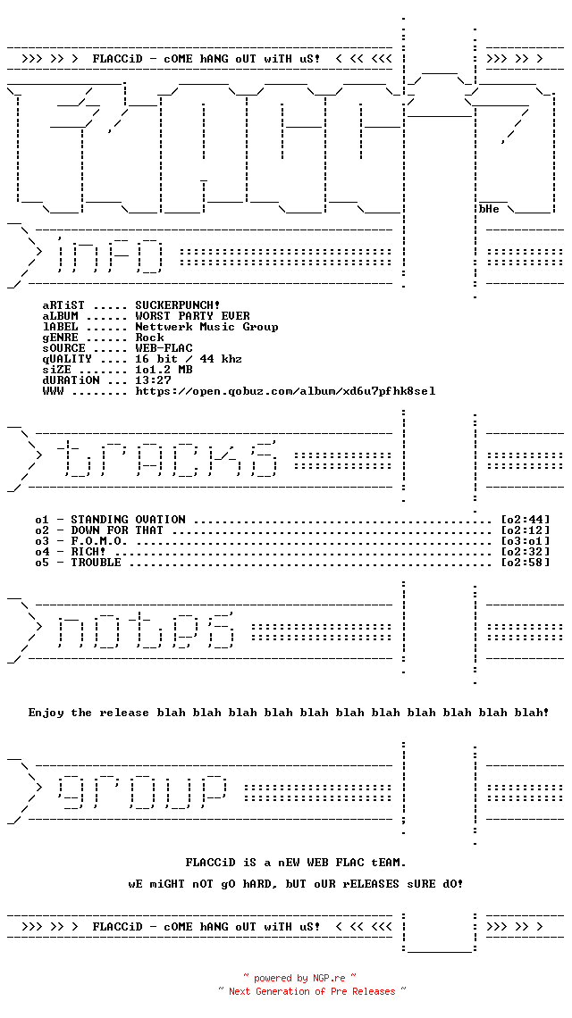NFO for the release SUCKERPUNCH-WORST_PARTY_EVER-EP-16BIT-WEB-FLAC-2026-FLACCiD by FLACCiD