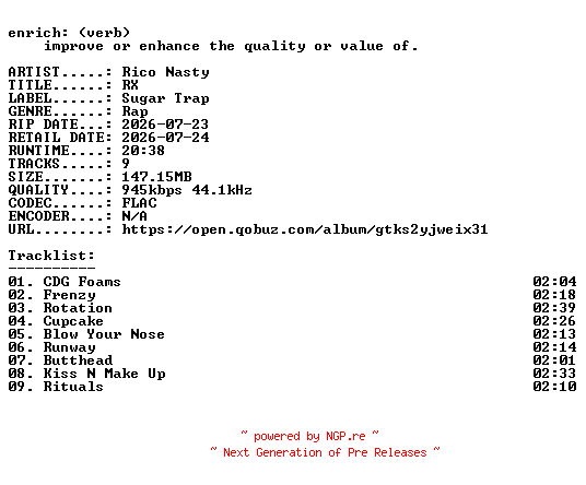 NFO for the release Rico_Nasty-RX-16BIT-WEB-FLAC-2026-ENRiCH by ENRiCH
