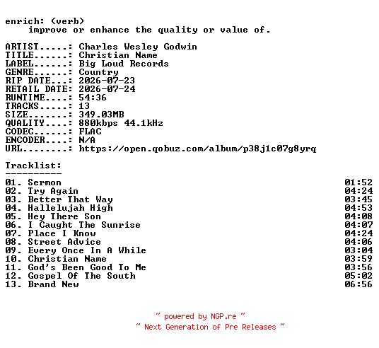 NFO for the release Charles_Wesley_Godwin-Christian_Name-16BIT-WEB-FLAC-2026-ENRiCH by ENRiCH