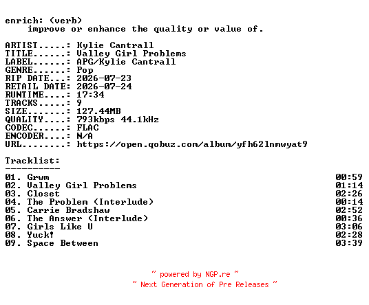 NFO for the release Kylie_Cantrall-Valley_Girl_Problems-16BIT-WEB-FLAC-2026-ENRiCH by ENRiCH