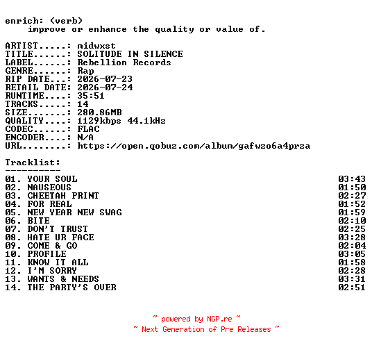 NFO for the release midwxst-SOLITUDE_IN_SILENCE-16BIT-WEB-FLAC-2026-ENRiCH by ENRiCH